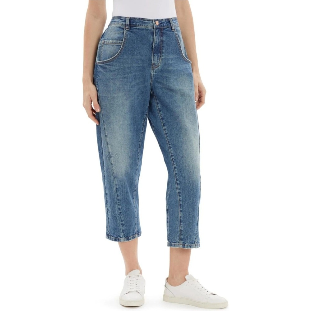 FRAYED Women's Blue Medium Wash Cropped Relaxed Denim Jeans Button Zip‎ 5-Pocket